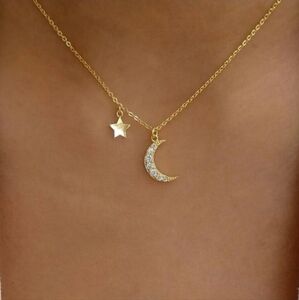 Rhinestone Cresent moon and star necklace